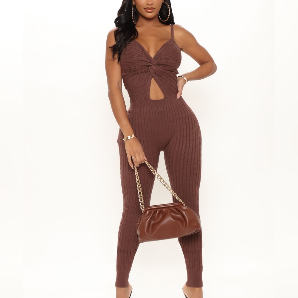 Sold out Fashion Nova brown sensation sweater jumpsuit size M